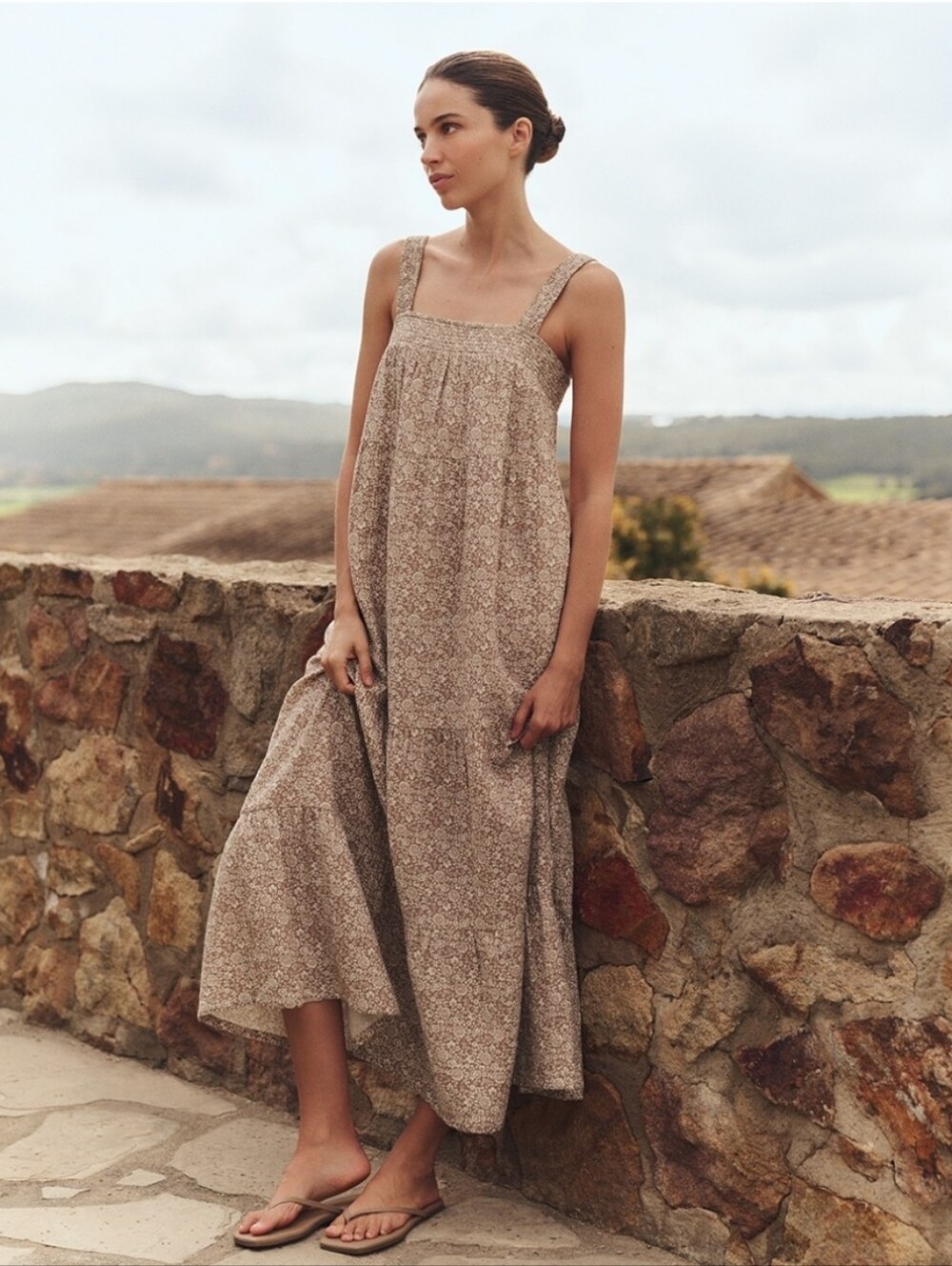 NWOT PACT Driftwood Brown Organic Coastal Double Gauze Strappy Tiered Maxi SizeM